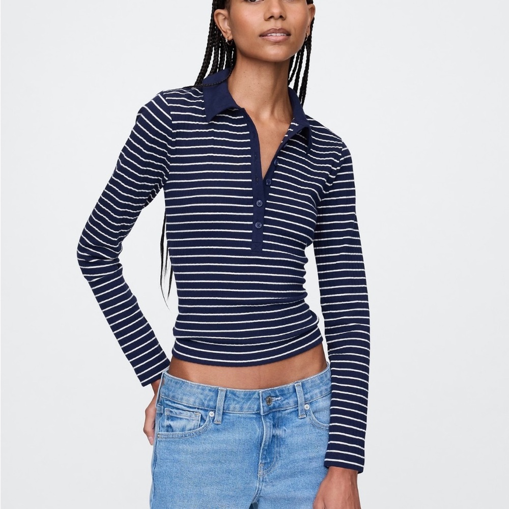 GAP, Navy Striped Long Sleeve Polo Top, XL Tall, NWT